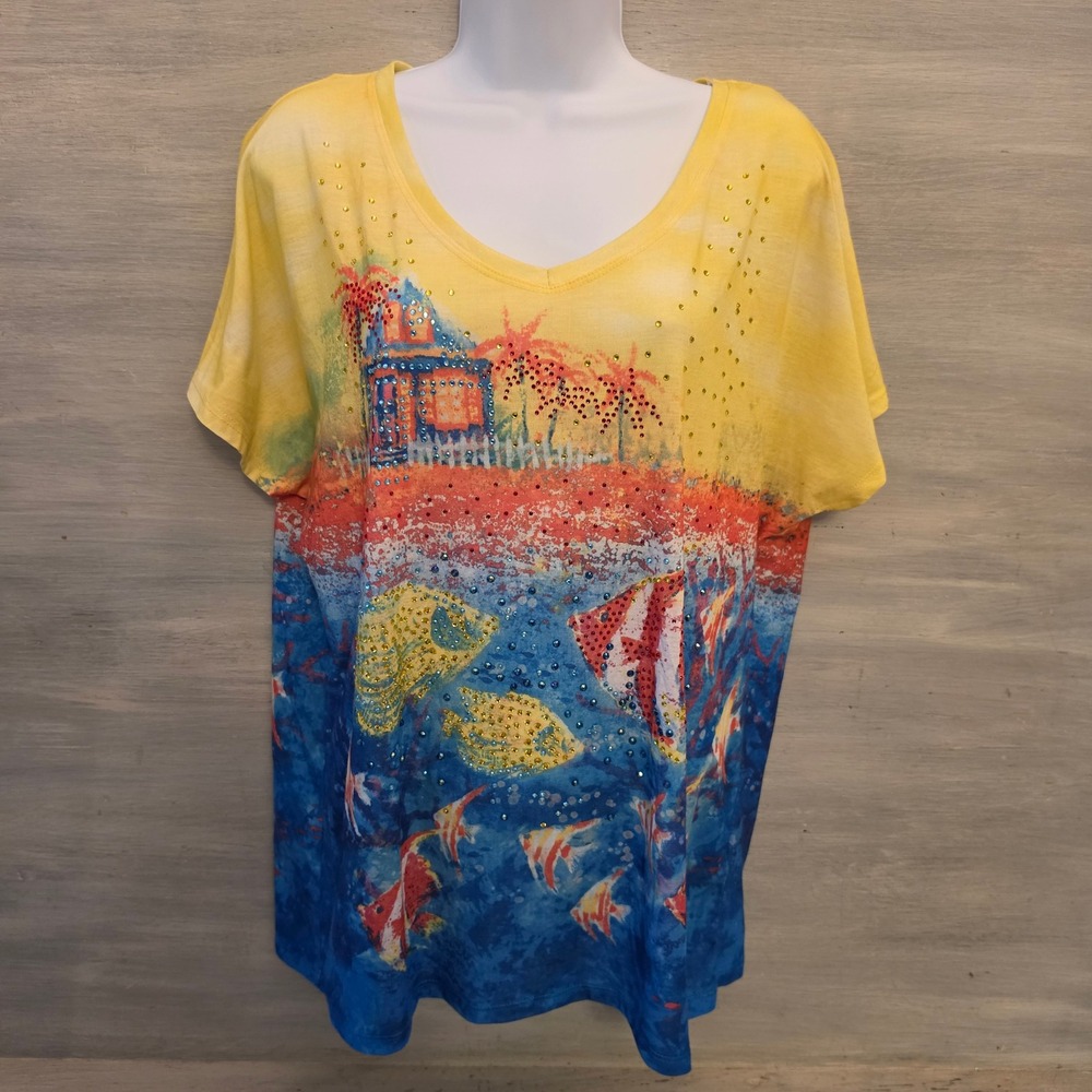 Onque‎ Casuals Tropical Print Beaded Multi Color Vneck Tshirt Size XL GC
